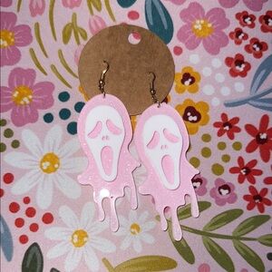 Pink Sparkly Dripping Scream Ghost Earrings